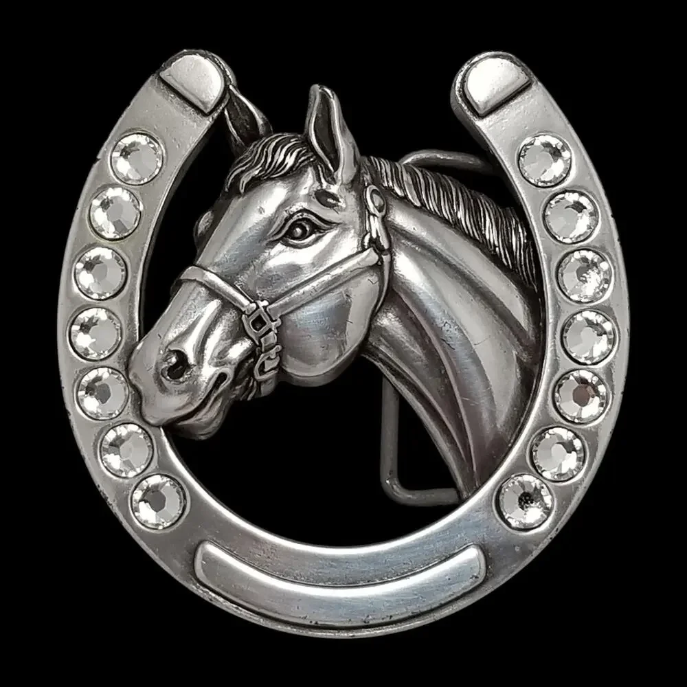 Vintage Belt Buckle Nocona Buckles Horseshoe‎ Horse Torso Rhinestones Western